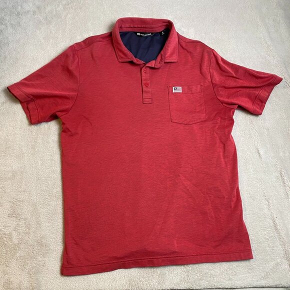 Travis Mathew Mens Polo Shirt Medium Red Pocket Flag Logo Short Sleeve Casual - Picture 10 of 11